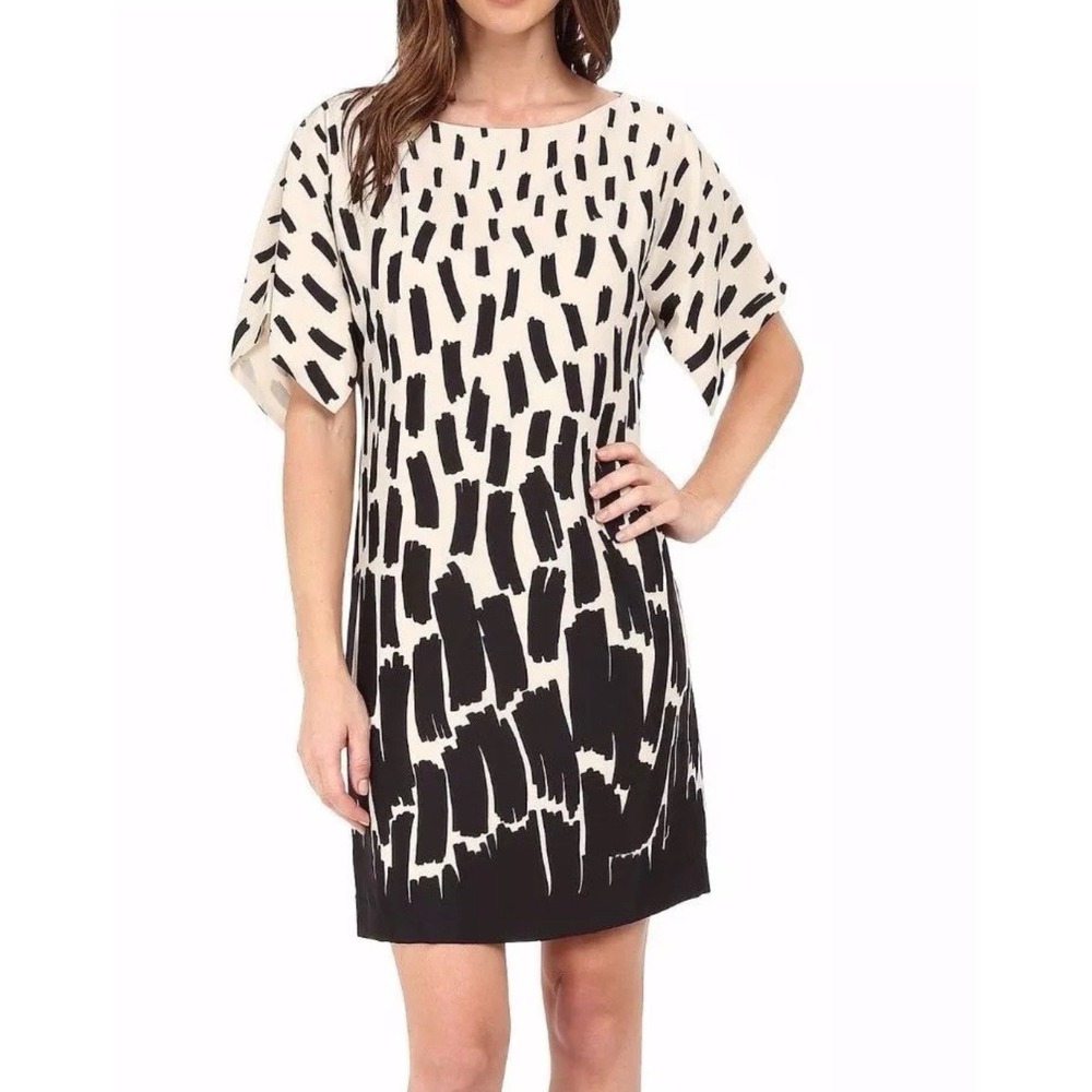 Tahari Dress Women's 14 Black Cream Shift‎ Dress Short Sleeve Lined